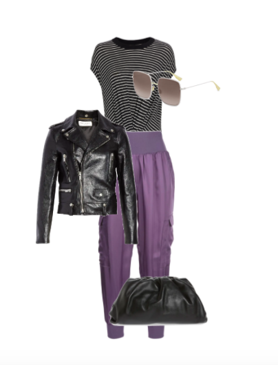 Lisa Barlow's Leather Jacket, Striped Top, Black Bag and Purple Pants