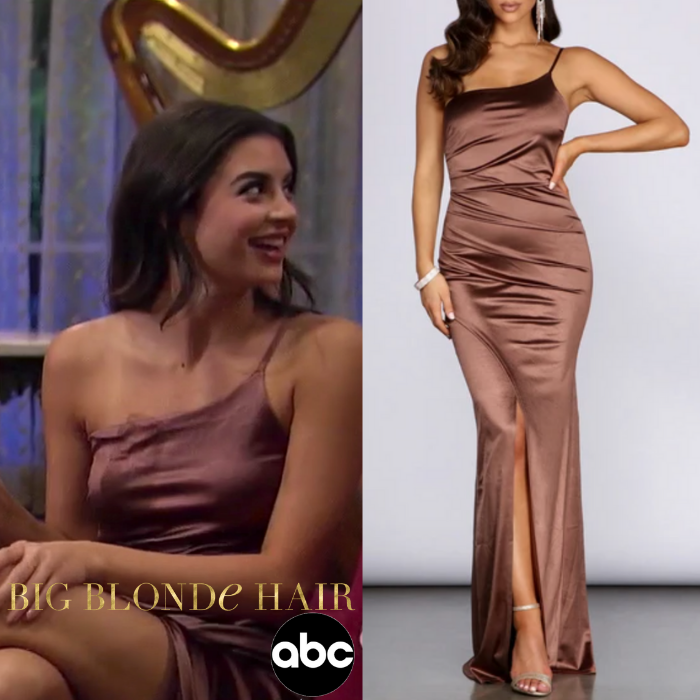 Rachael Kirkconnell’s Brown One Shoulder Gown