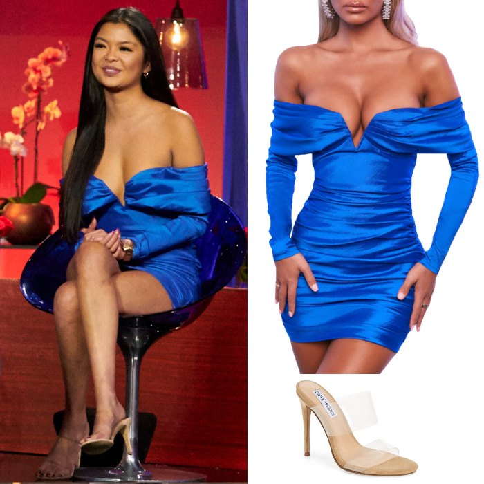 Serena Chew's Blue Satin Off the Shoulder Dress
