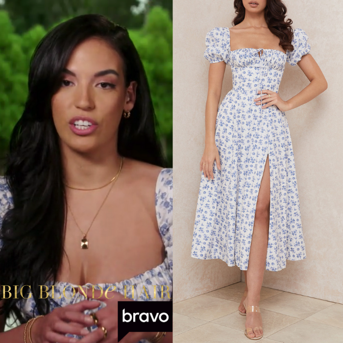Danielle Olivera’s White and Blue Floral Dress