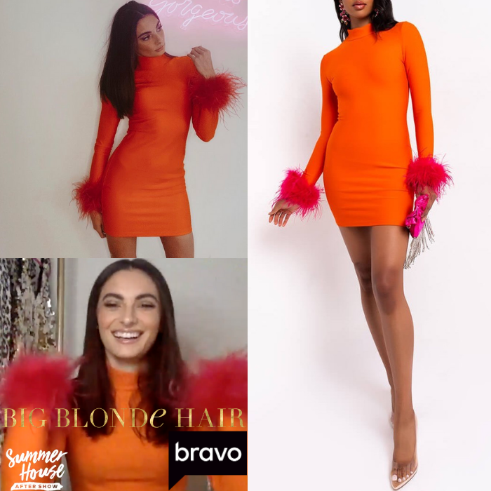 Paige DeSorbo’s Orange and Red Feather Cuff Dress