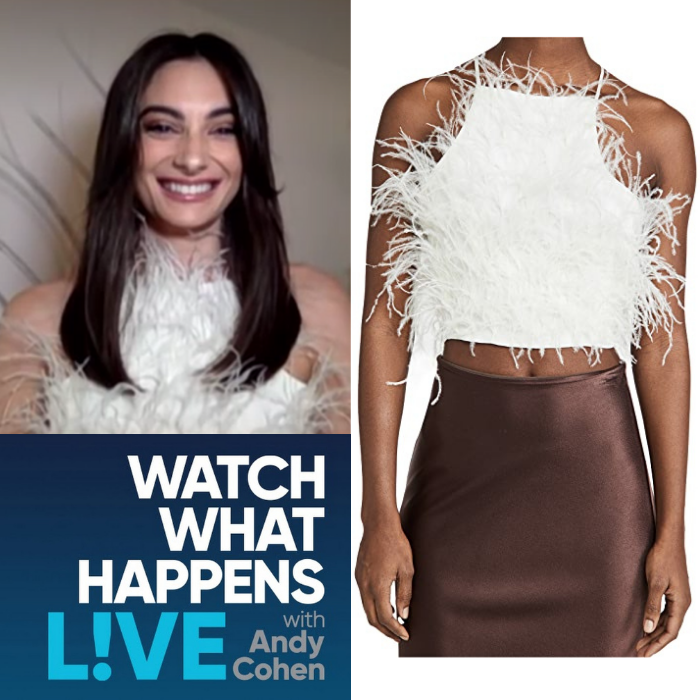 Paige DeSorbo's White Feather Top on WWHL