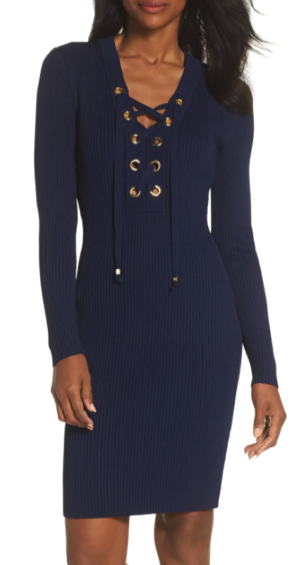 Ramona Singer's Navy Lace Up Confessional Dress