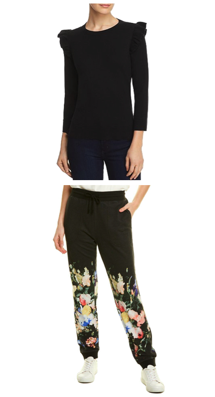 Luann de Lesseps’ Black Ruffle Sweater and Floral Sweatpants