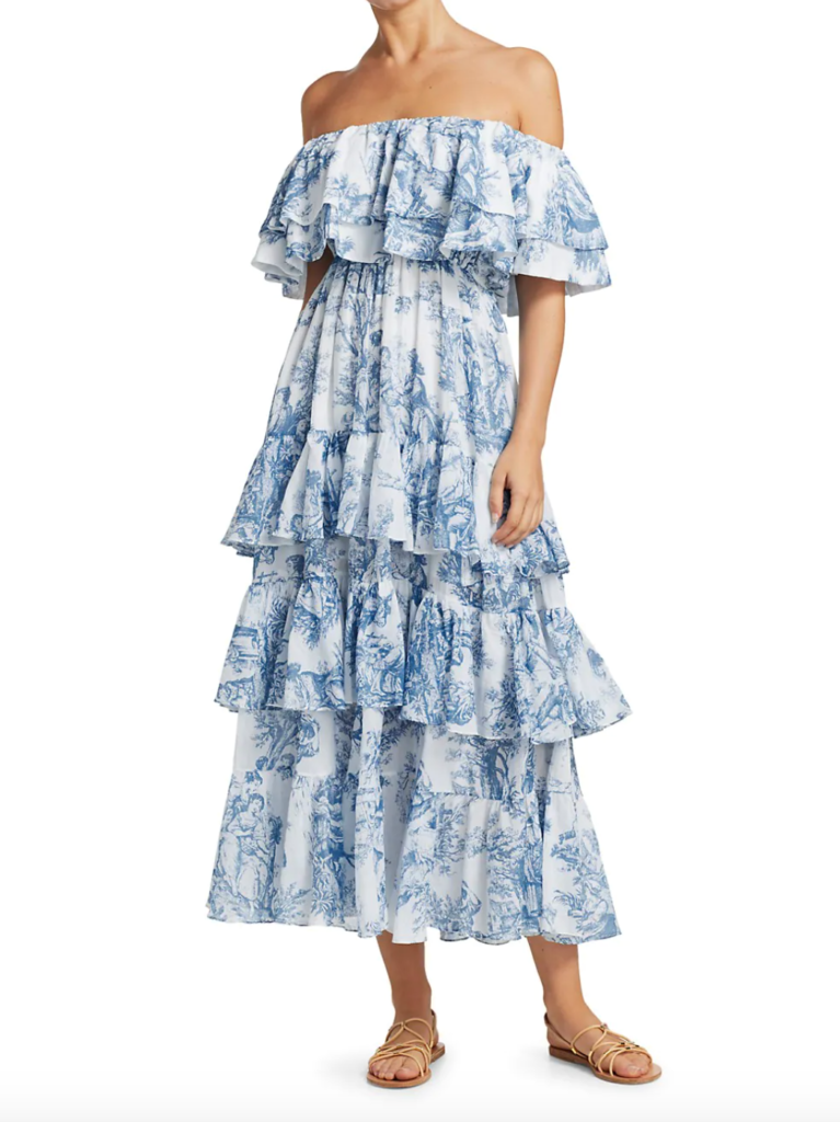 Kathy Hilton's White and Blue Printed Ruffle Dress