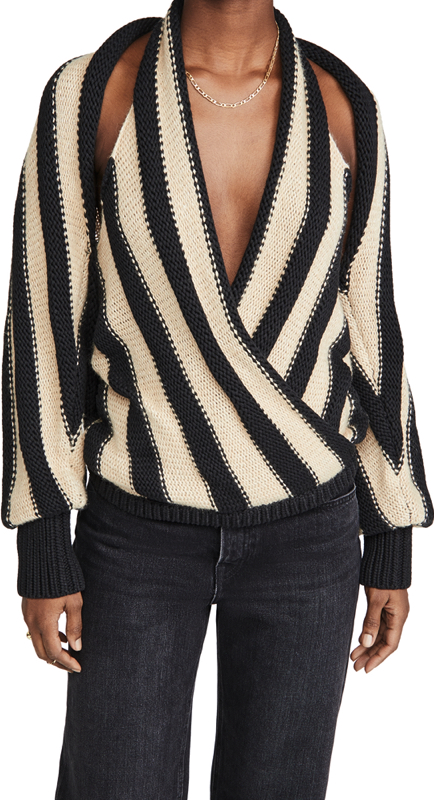 Angie Harrington’s Black and Beige Striped Cold Shoulder Sweater