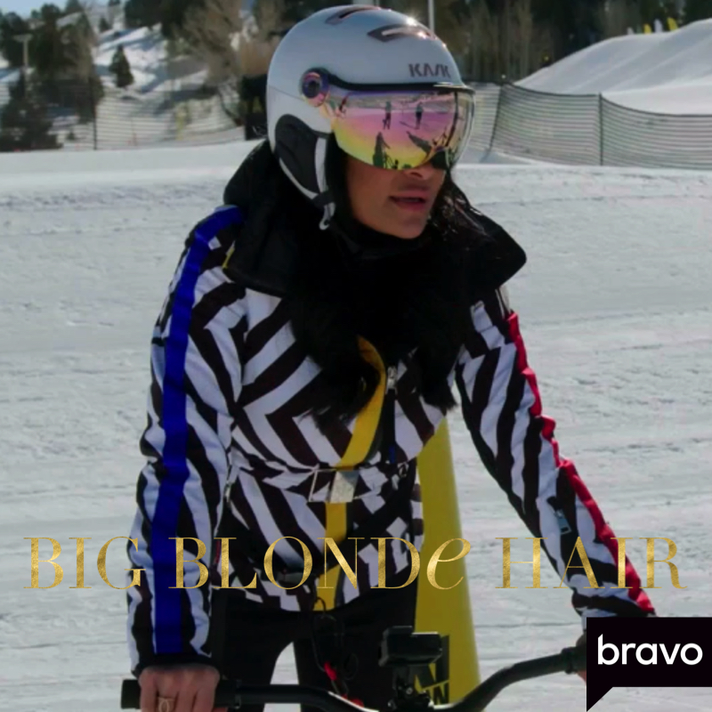 Jen Shah’s Black and White Striped Ski Jacket