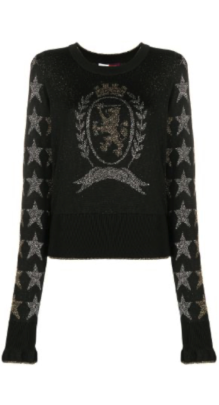 Meredith Marks’ Metallic Crest and Stars Sweater