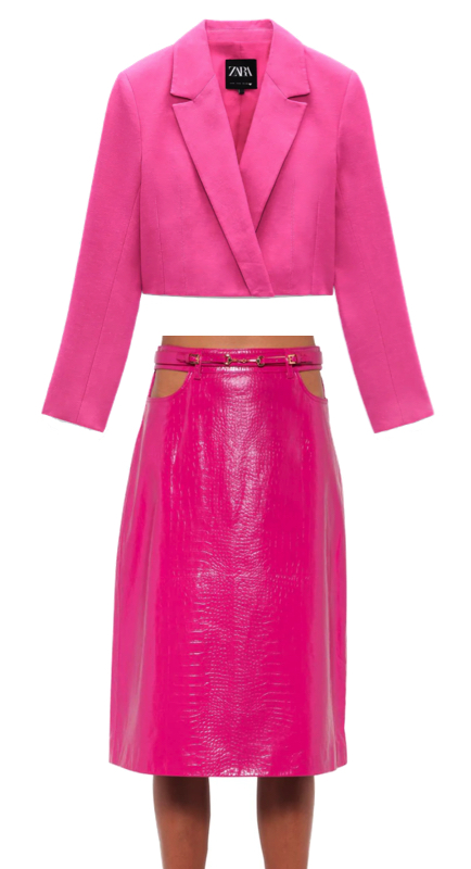 Tracy Tutor’s Pink Cropped Blazer and Cutout Skirt