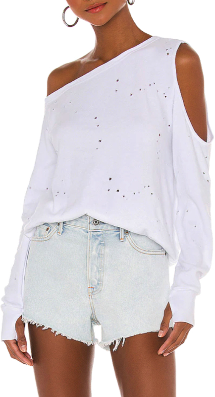 Heather Gay’s White Cold Shoulder Distressed Top