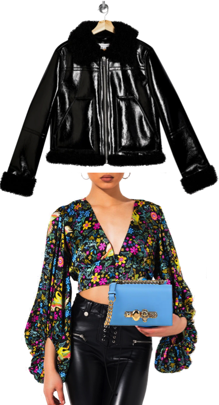 Whitney Rose’s Black Vinyl Jacket and Floral Top