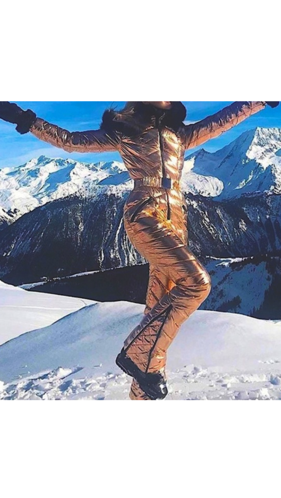 Ciara Miller's Gold Metallic Ski Suit