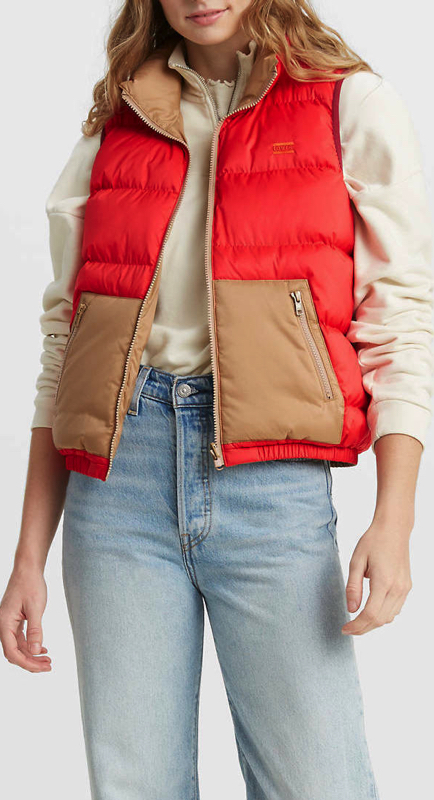 Ciara Miller’s Red and Tan Puffer Vest