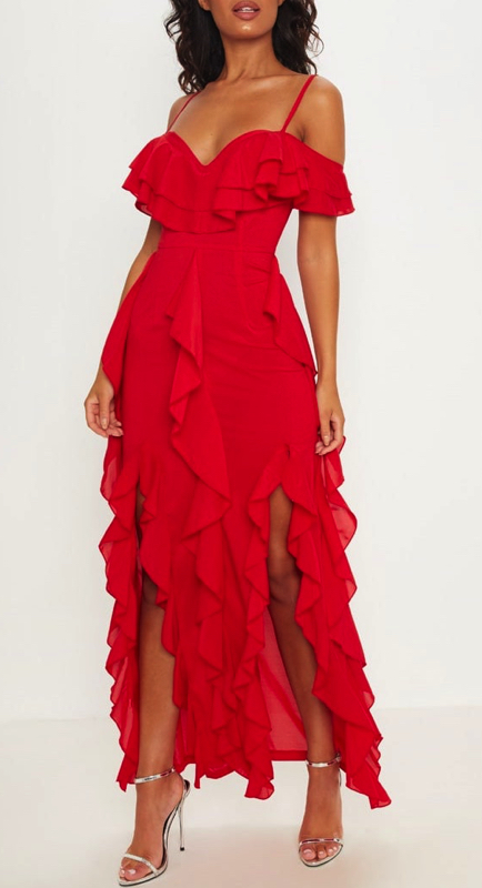 Cynthia Bailey’s Red Cold Shoulder Ruffle Dress