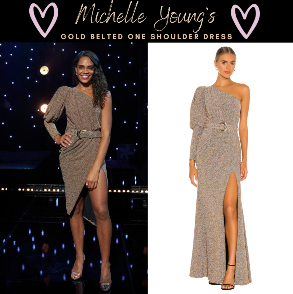 Michelle Young's Gold Belted One Shoulder Dress