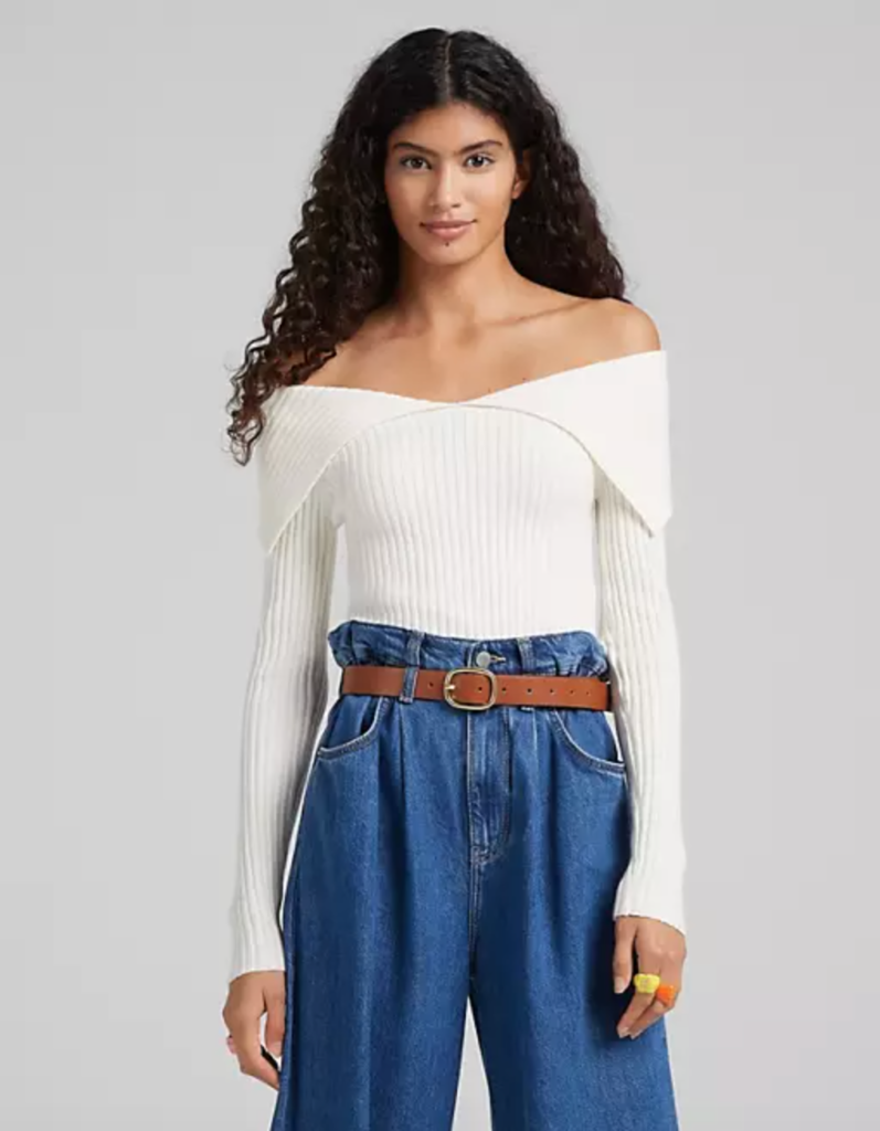 Paige DeSorbo's Cream Off The Shoulder Sweater