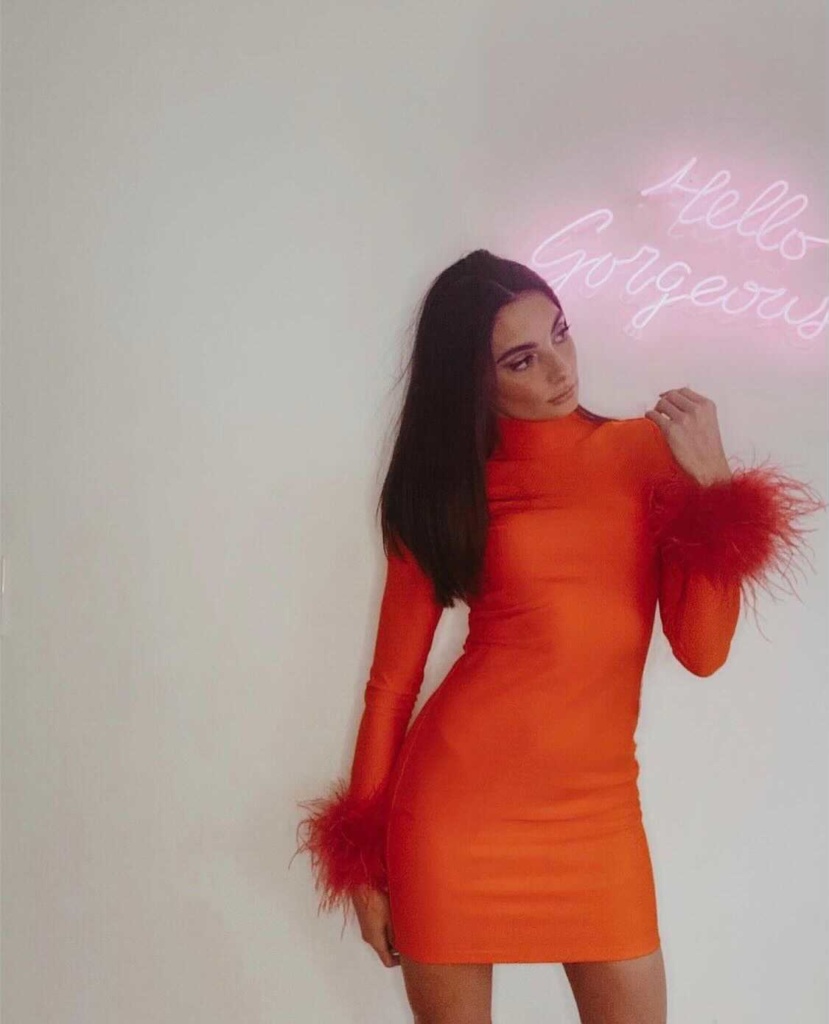 Paige DeSorbo's Orange Feather Sleeve Dress 