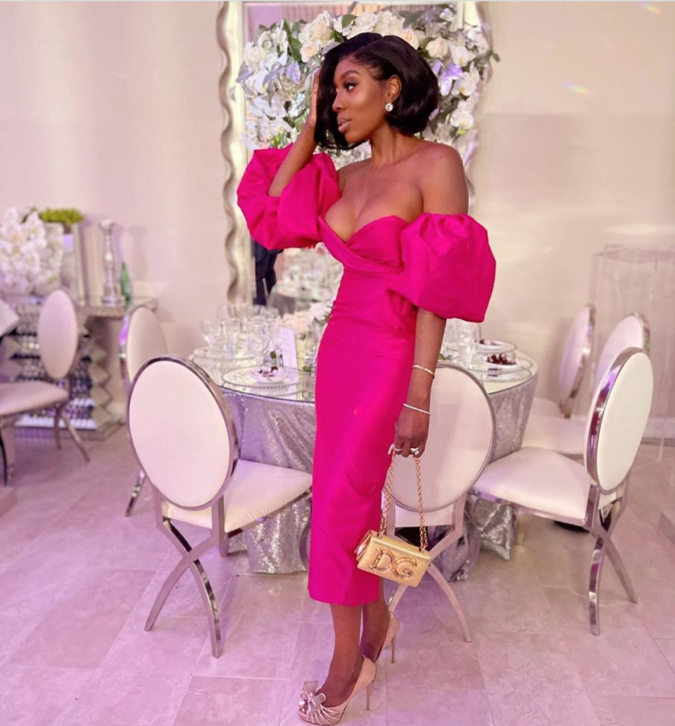 Wendy Osefo's Pink Puff Sleeve Off The Shoulder Dress