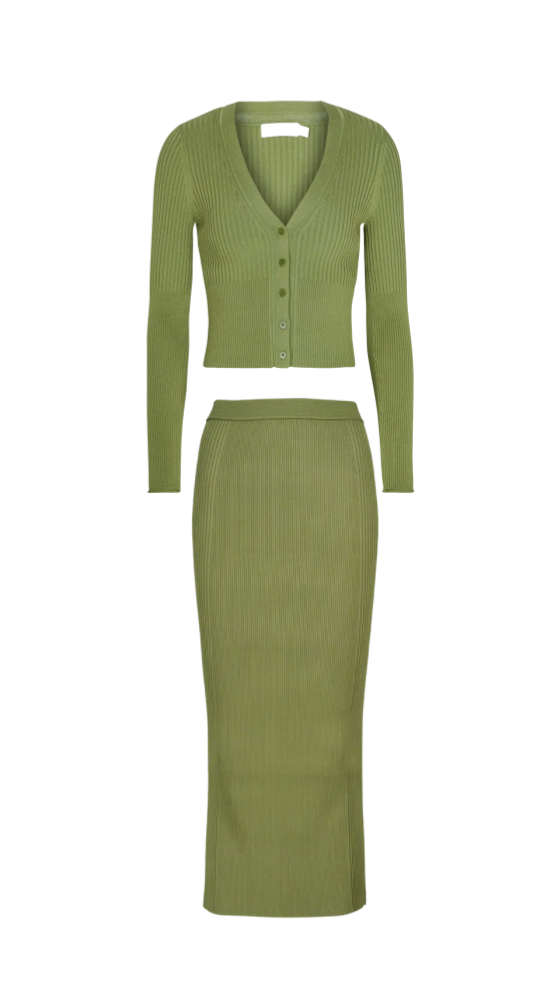 Jennifer Armstrong's Green Ribbed Cardigan and Skirt