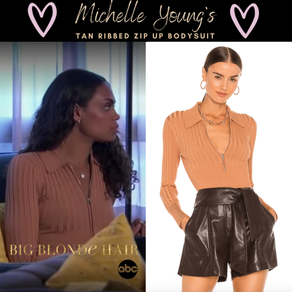 Michelle Young's Tan Ribbed Zip Up Bodysuit
