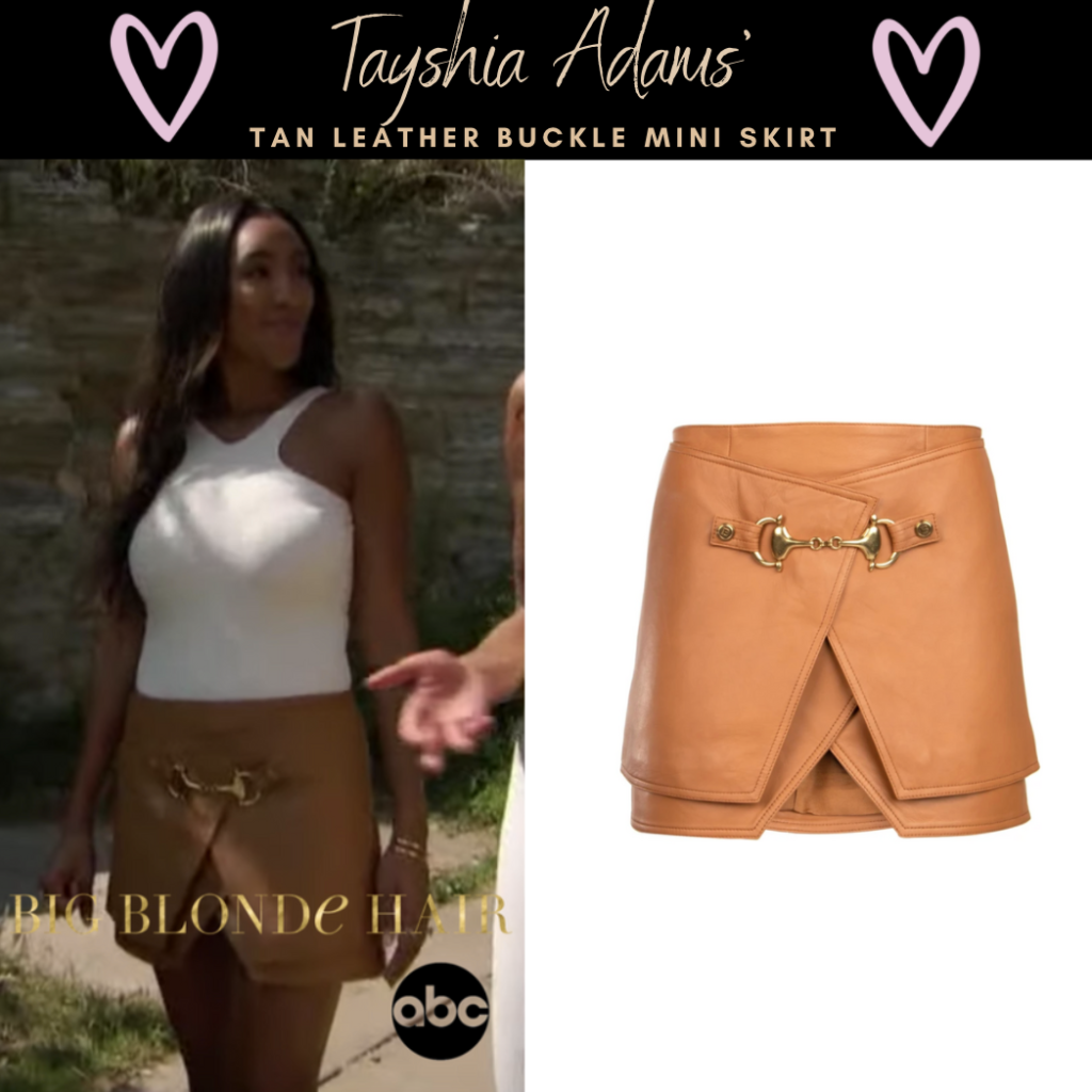 Tayshia Adams' Tan Leather Buckle Mini Skirt 