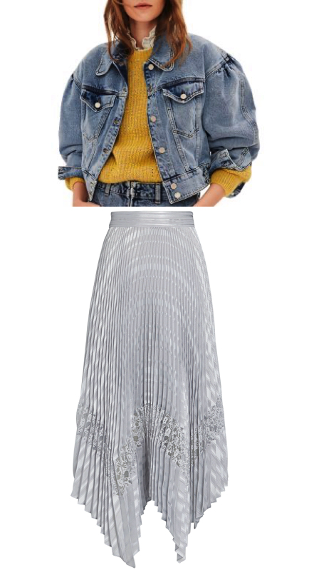 Adriana de Moura’s Cropped Denim Jacket and Metallic Pleated Skirt