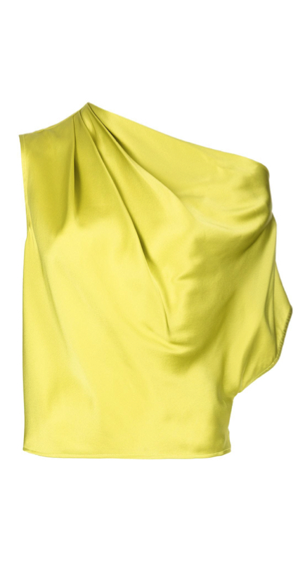 Jackie Goldschneider’s Yellow Satin Asymmetrical Confessional Top