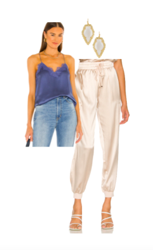 Jennifer Armstrong's Blue Lace Trim Cami and Silk Pants And Earrings