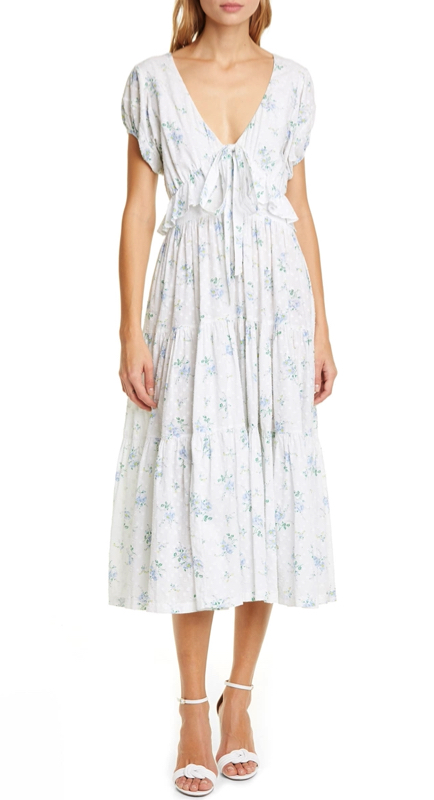 Dolores Catania’s White and Blue Floral Dress