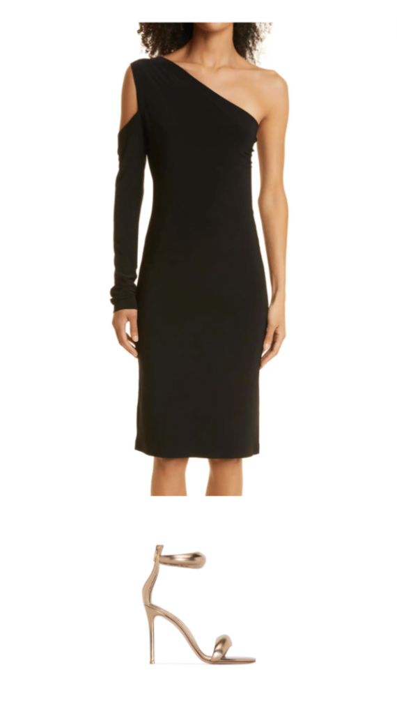 Emily Simpson's Black Asymmetric Shoulder Dress