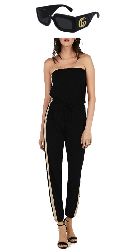 Heather Gay's Black Striped Jumpsuit and Sunglasses