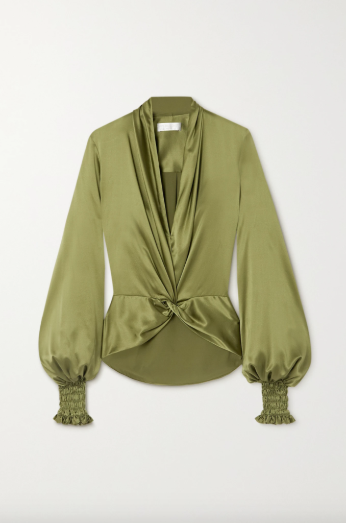 Jennifer Armstrong's Green Satin Twist Front Top