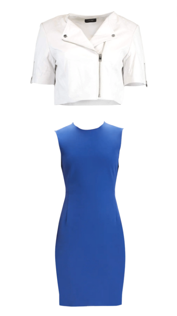Heather Dubrow's Short Sleeve White Leather Jacket and Blue Dress