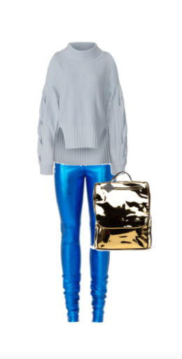 Noella Bergener's Braided Sleeve Sweater, Blue Pants and Backpack