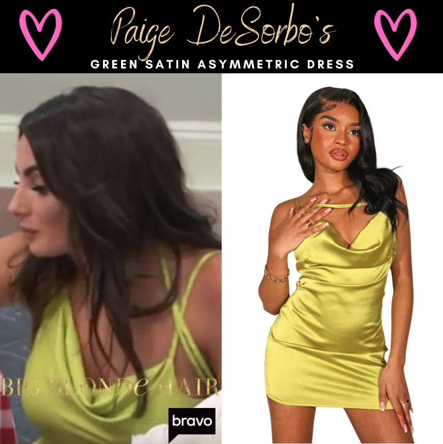 Paige DeSorbo's Green Satin Asymmetric Dress