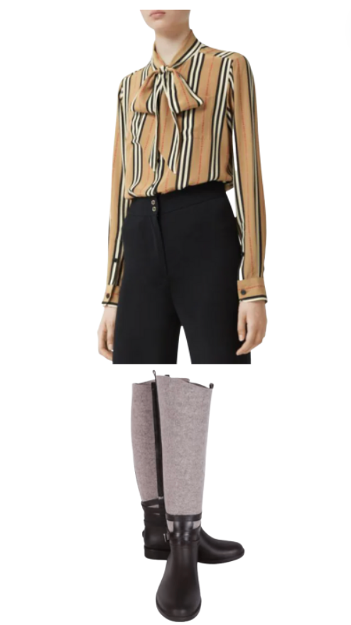 Noella Bergener's Striped Tie Neck Blouse and Boots