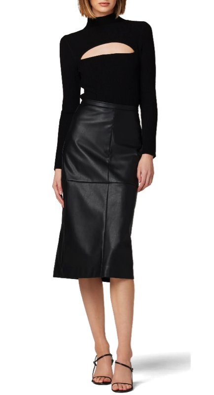 Crystal Kung Minkoff’s Black Cutout Sweater and Leather Skirt
