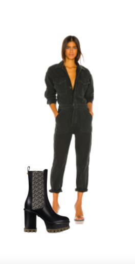 Kyle Richards' Black Denim Jumpsuit and Chunky Boots