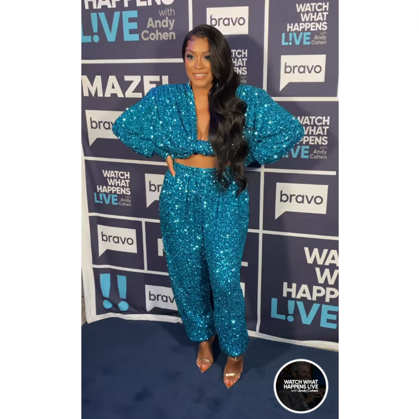 Drew Sidora's Blue Sequin Outfit on WWHL