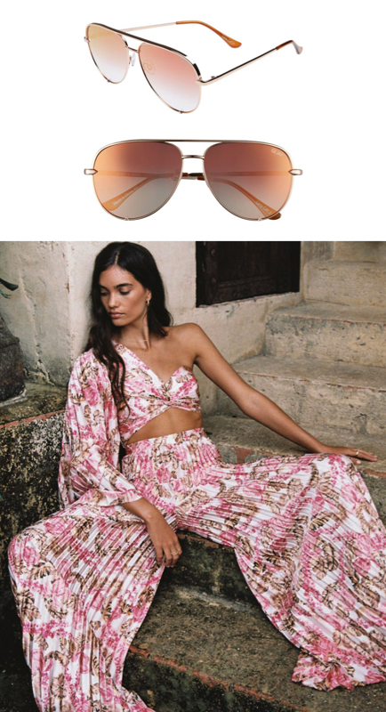 Olivia Flowers’ Pink Aviator Sunglasses and Floral Pleated Outfit