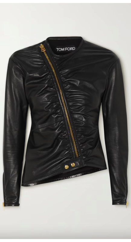 Sutton Stracke’s Black Ruched Leather Jacket 1