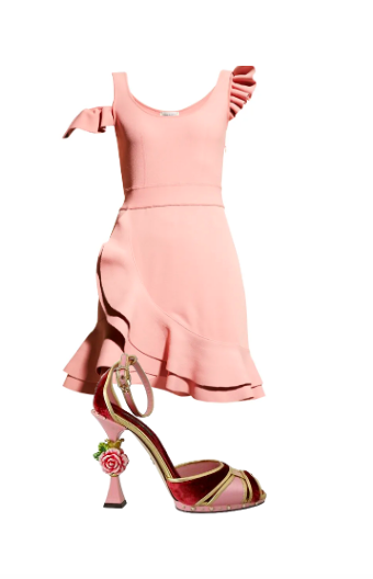 Sutton Stracke's Pink Cold Shoulder Ruffle Dress and Rose Heels