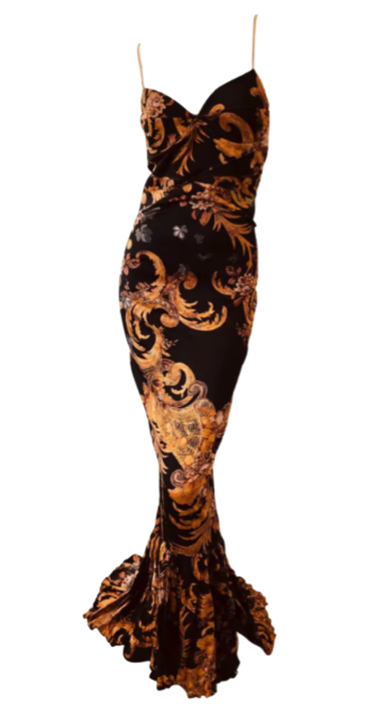 Dorit Kemsley’s Black and Gold Baroque Print Dress