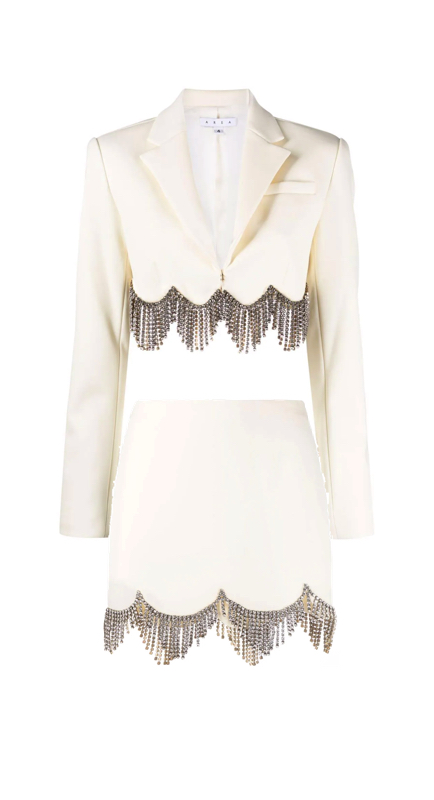 Lisa Hochstein’s White Crystal Fringe Blazer and Skirt