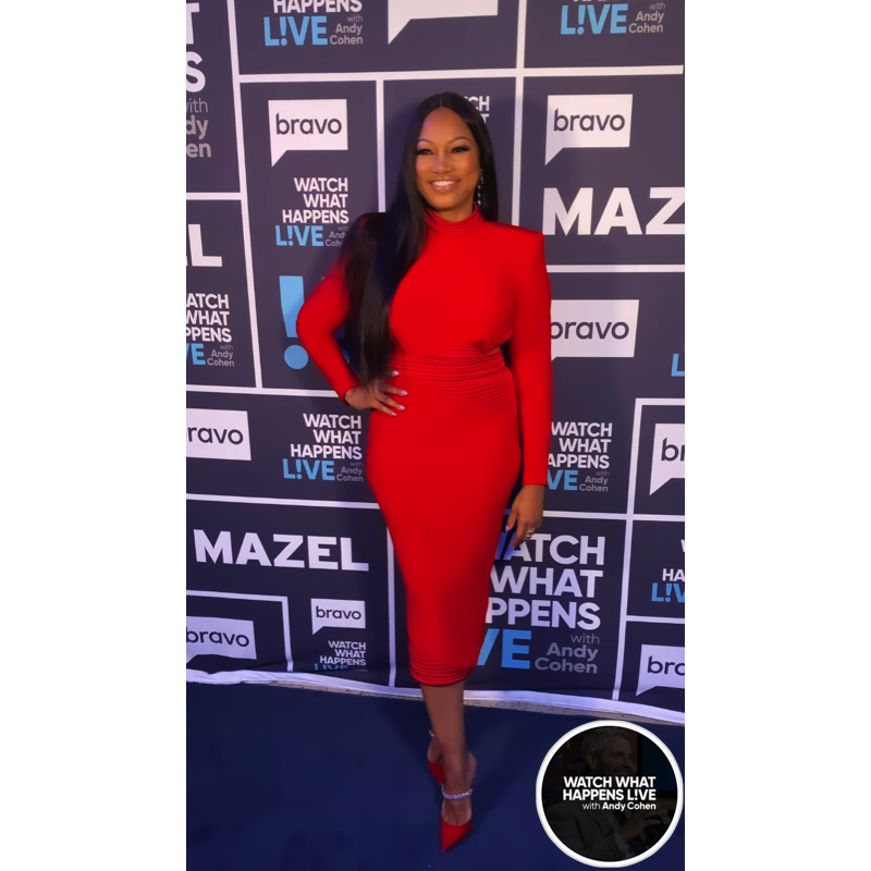 Garcelle Beauvais’ Red Dress and Pumps on WWHL 1