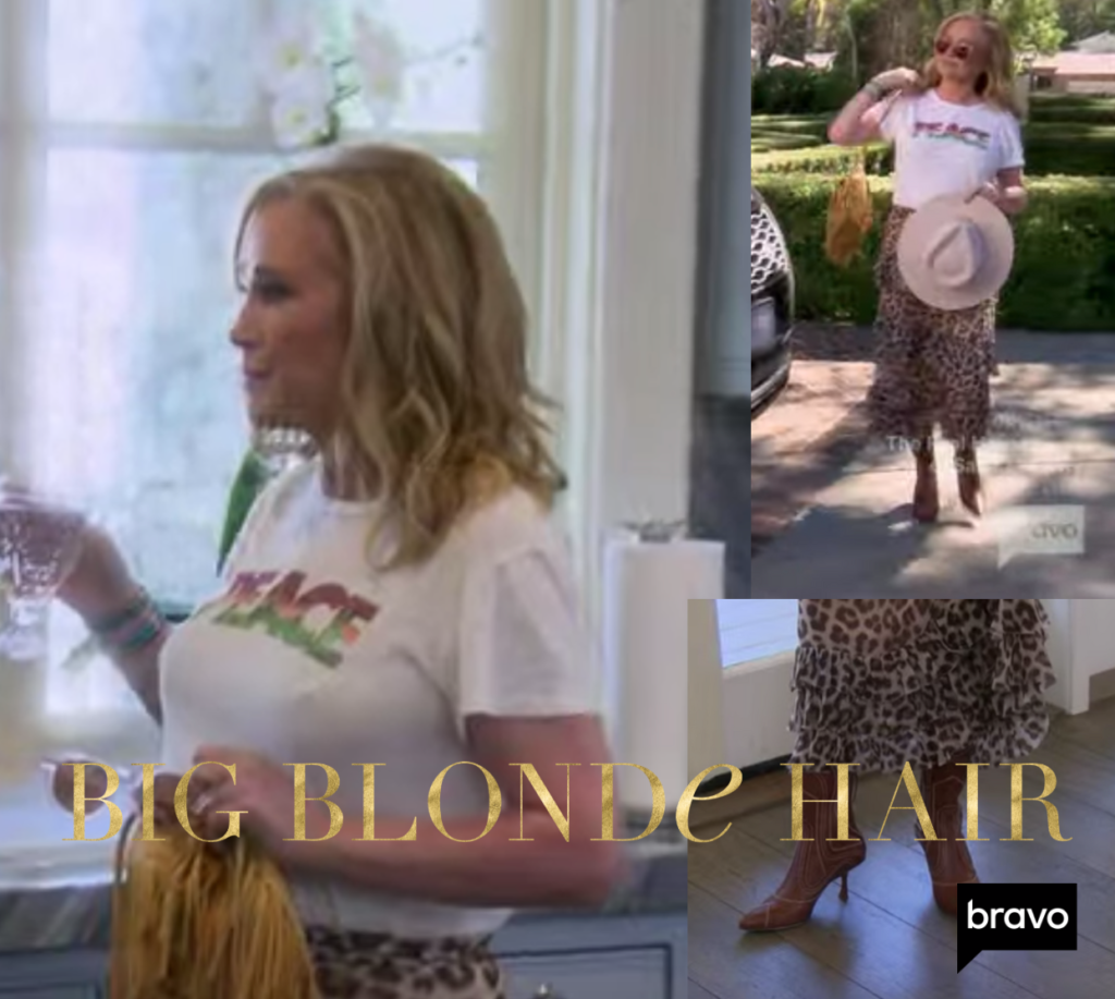 Kathy Hilton's Peace Tee, Brown Boots, and Skirt 