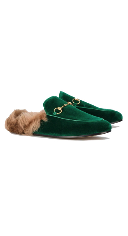 Kyle Richards Green Velvet Fur Loafers