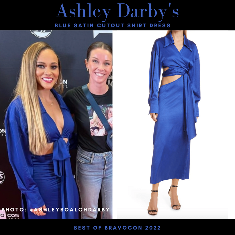 Ashley Darby's Blue Satin Cutout Shirt Dress