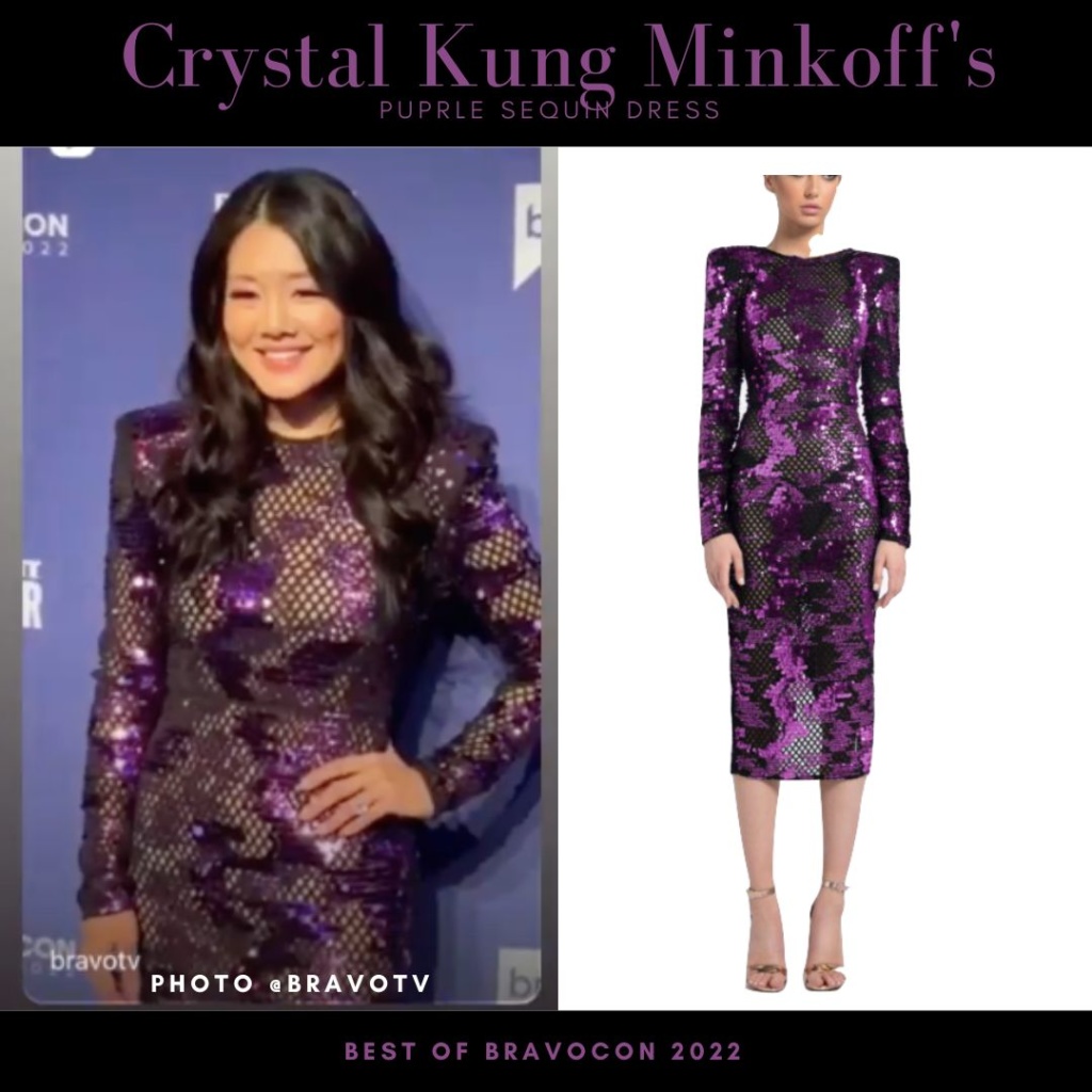 Crystal Kung Minkoff's Purple Metallic Dress at Bravocon 2022