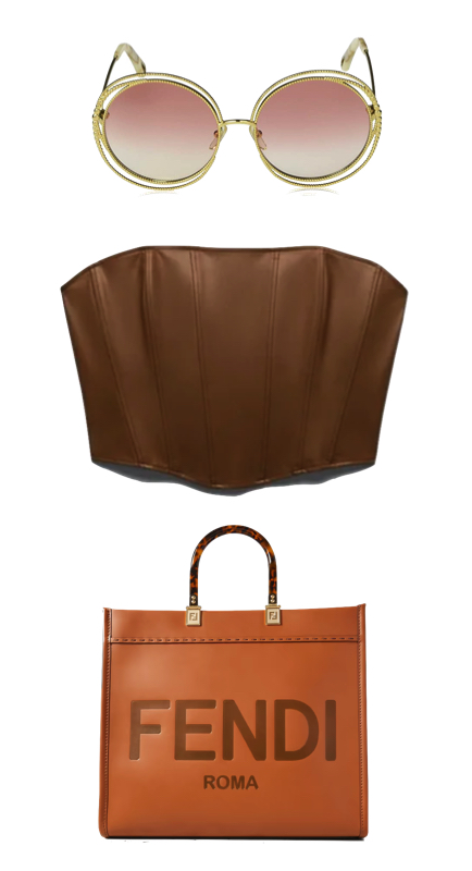 Heather Gay's Tan Leather Corset Top Round Sunglasses and Fendi Bag